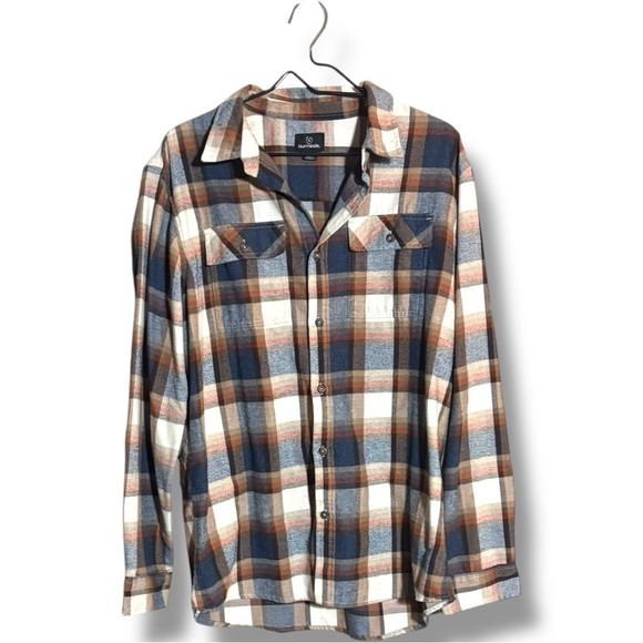 Burnside Men's Casual Plaid Long Cuffed Sleeve Flannel Blue/Brown Button Down - Picture 14 of 16
